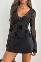 Lace Trim V Neckline Long Sleeve Floral Pattern Slim Fit Top - Black
