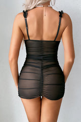 Floral Embroidery Ruched See Through Mesh Slip Mini Dresses - Black