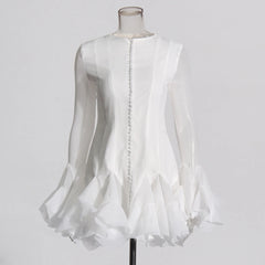 Lotus leaf edge splicing hem short dress women's single breasted lotus leaf sleeve skirt