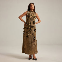 Three dimensional flower splicing sleeveless waist cinched A-line skirt long dress