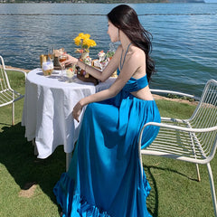 Seaside vacation beach dress, halterneck, backless suspender dress, elegant bohemian long dress