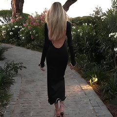 backless flared sleeves with ruffled hem, knitted long skirt, sexy contrasting long dress