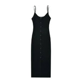 Single Breasted Rib Knitted Dress Women Spaghetti Strap Midi Split Dresses
