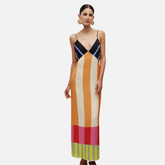 Striped dress with contrasting colors for slimming effect split top camisole skirt