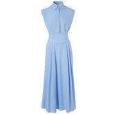 Blue polo collar sleeveless shirt dress right-angle shoulder waist long skirt