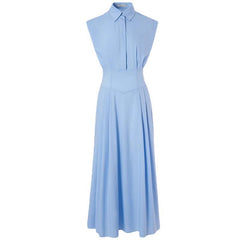 Blue polo collar sleeveless shirt dress right-angle shoulder waist long skirt