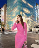 Long Sleeve Diamond Mesh See Through Long Dress