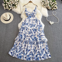 V-Ausschnitt Hosenträgerrock Strandurlaub Strandrock A-Linie Seladon Print Kleid