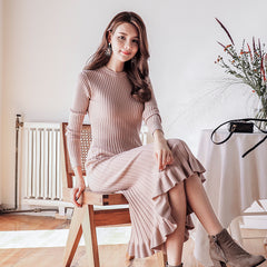 Ribbed-knit Jersey Dress Long Sleeve Ruffle Hem Solid Color Crew Neck Sweater Dress Knitwear Autumn/Winter Woman Clothing