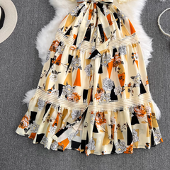 Short-sleeved stand-collar single-breasted a-line maxi dress