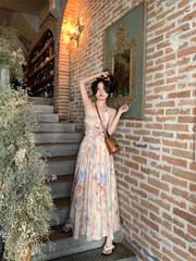 Oil painting floral floral halter neck suspender dress summer