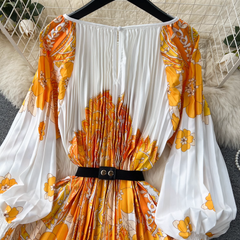 New Women's dress printed pleated holiday long dress