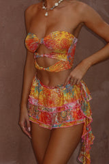 Mixed Print Cutout Crop Top Ruffled Mini Skirt 2pcs Set - Yellow