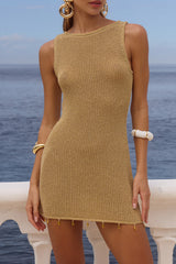 Knit Slim Fit Fringed Decor Mini Tank Dresses - Gold