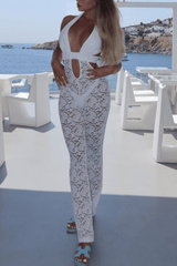 See Through White Lace V Neck Cutout Sleeveless Jumpsuit - white