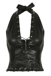 Lace Up Deep V Neck Halter Crop Top Eyelet Trim Mini Skirt 2pcs Set - Black