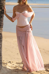 Drop Shoulder Corset Semi Sheer Slit Maxi Skirt 2pcs Set - Beige