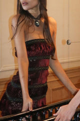 Floral Pattern Boat Neck Slim Fit Velvet Mini Tube Dresses - Burgundy