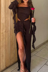 Ruffled Sash Skew Neck Crop Top Textured Slit Maxi Skirt Set - Brown Pre Order