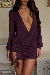 Deep V Neck Backless Ruffled Slit Ruched Mini Dresses - Purple