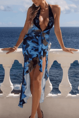 Deep V Neck Halter Ruched Tied Up Sash Asymmetric Ruffle Hem Pattern Print Maxi Dresses - Blue