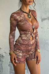 U Neckline Long Sleeve Floral Pattern Cutout Frilled Playsuit Romper - RedBrown