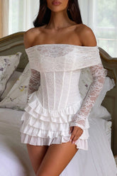 Jacquard Lace Off Shoulder Corset Tiered Ruffled Mini Dresses - White