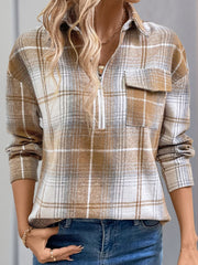 Perfee Plaid Collared Neck Half Zip Long Sleeve Sweater Top
