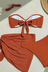 Metal Starfish Decor Halter Bikini Tie Up Mini Skirt Swimsuit 3pcs Set - Orange
