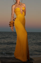 Plunge Neck Ruched Strapless Solid Color Maxi Dresses - Yellow Pre Order