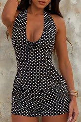 Polka Dot Print Plunge Neck Bodycon Halter Mini Dresses - Black