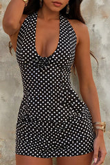 Polka Dot Print Plunge Neck Bodycon Halter Mini Dresses - Black