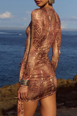 Snake Pattern Plunge Neck Ruched Fitted Sash Mini Dresses - Brown Pre Order