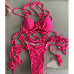 Einfarbiges, ausgehöhltes Bikini-Badeanzug-Set mit überkreuzten Schnüren