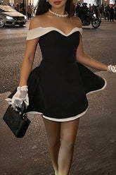 Colorblock Trim Strapless Cinch Waist Cocktail Party Mini Dresses - Black