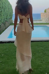 Cross Halter Crop Top Tiered Semi Sheer Maxi Skirt Set - Beige Pre Order