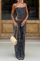 Sequin Halter Lace Up Crop Top Straight Leg Pants 2pcs Set - Black Pre Order