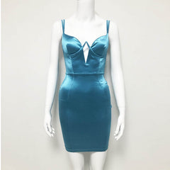 Satin Mini Dress Women Padded Bra Double Straps Plunging Neckline Cut Out Sexy Dress Orange Party Bodycon Dresses