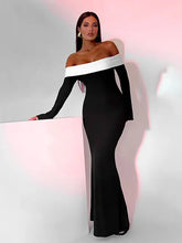 Shoulder Contrast Color Knitted Maxi Dress Women Long Sleeve Bodycon Dresses Female Chic Party Evening Robe