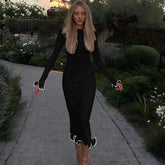 backless flared sleeves with ruffled hem, knitted long skirt, sexy contrasting long dress