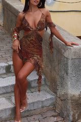 Leopard Print Halter Neck Cutout Ruffled Mini Dresses - Brown