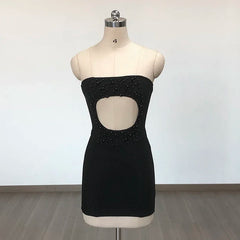 Patchwork Cut Out Pearls Slimming Dress Strapless Sleeveless High Waist Hollow Out Short Dress Club Party Outfits