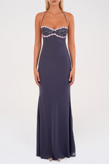 Floral Trim Sequin Beady Solid Color Halter Maxi Dresses - Fuchsia Pre Order