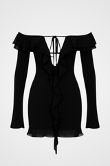 Off Shoulder Long Sleeve Tied Up Ruffle Party Mini Dress - Black