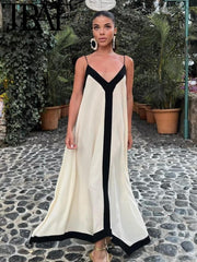 Woman Contrast V-neck Slip Dress Casual Sleeveless Backless Midi Long Dresses Robe Vestidos