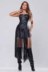 Faux Leather Buckled Strapless Fringed Midi Dresses - Black