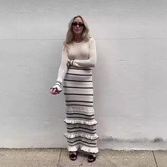 European, American and Dutch edge knitted women's dress slim fit autumn and winter contrasting color splicing elegant long skirt