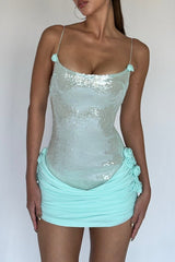 Sequin Patchwork 3D Flower Ruched Slip Mini Dresses - MintGreen