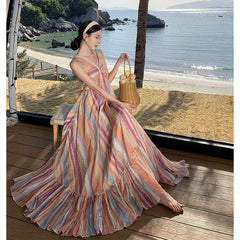 Dopamine Dress Rainbow Stripe Candy Gradient Hanging Neck Tie dye Long Dress