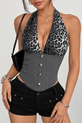 Leopard Print Plunge Neck Halter Buttons Decor Corset - Grey